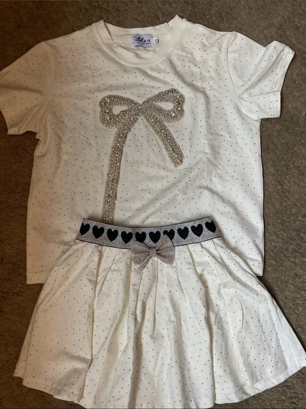 White Rhinestone Bow Top & Skirt short Set